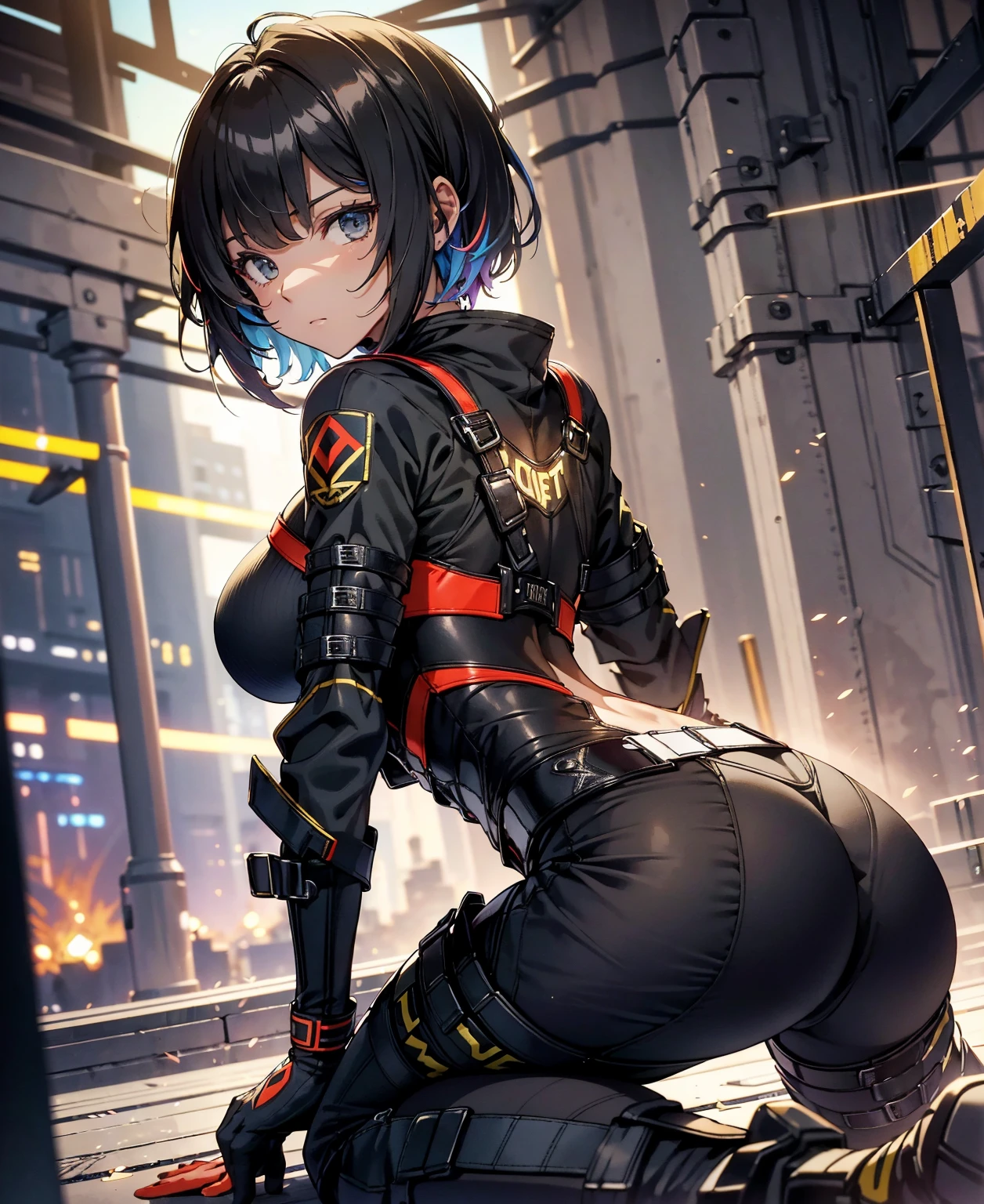 best quality，T Masterpiece，ultimate resolution，fluff，very colorful，colorful，female combatant，（kneeling pose）（pointing at you with his butt）mature woman，Black Super Short Hair，tight combat uniform，tight suit，Steel City Background，night，normal posture，normal posture