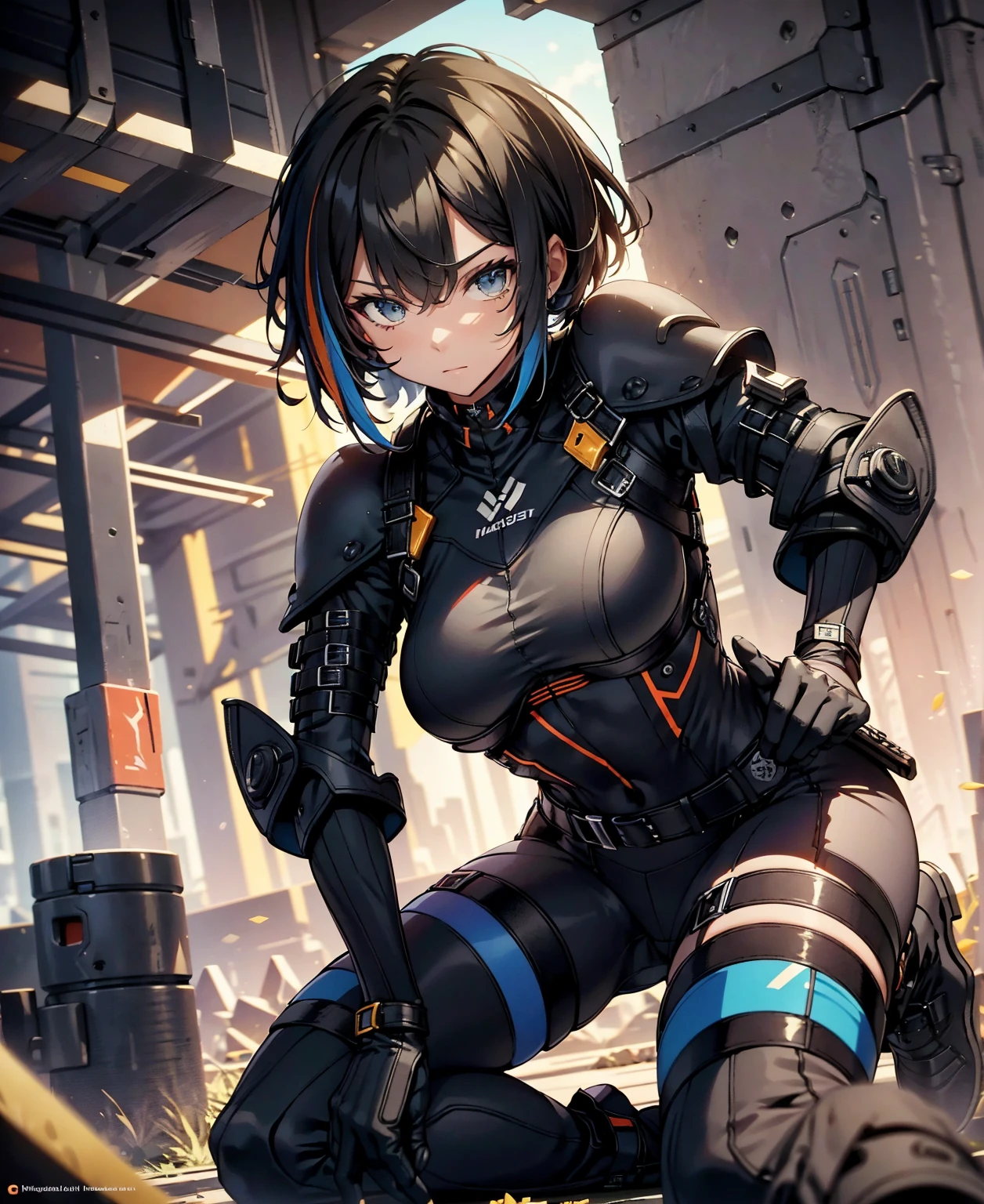best quality,T Masterpiece,ultimate resolution,fluff,very colorful,colorful,female combatant,(kneeling pose)(pointing at you with his butt)mature woman,Black Super Short Hair,tight combat uniform,tight suit,Steel City Background,night,normal posture,normal posture