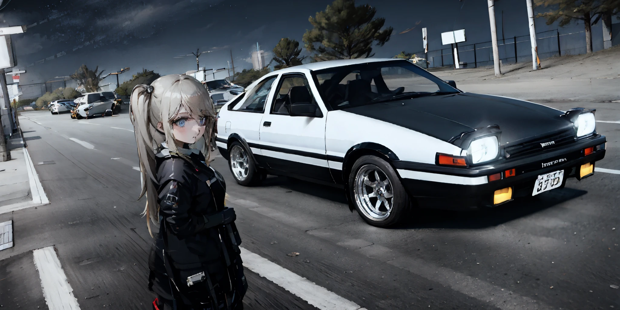 1girl blonde, motor vehicle, parking lot, night, 
AND 1girl, motor vehicle, parking lot, night, enoshima Junko, 
AND 1girl, motor vehicle, parking lot, night, detailed background, masterpiece, best quality,