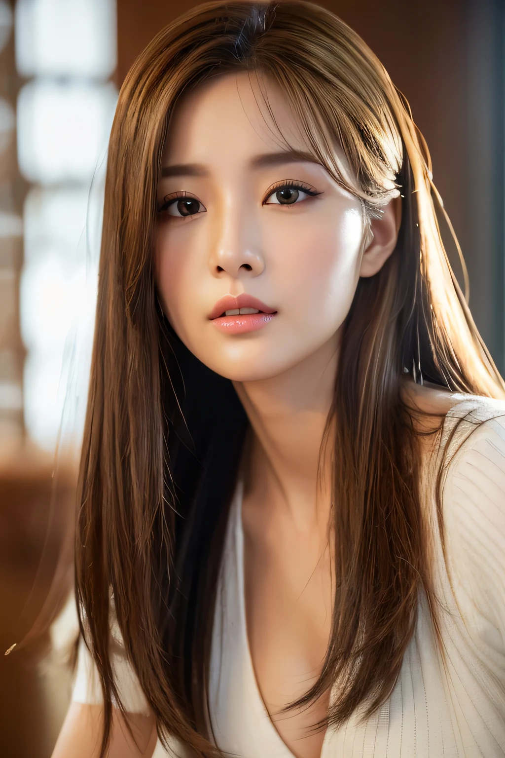 There was a woman sitting at the table、30 year old female、 unparalleled beauty、spread your legs、masterpiece, 最high quality, high quality, High resolution, very refined muscles、(very detailed、fine skin texture、intricate details、written boundary depth、bright lighting、(lighting from below)、beautiful face、(realistic face)、realistic eyes、美しいfine eyes、realistic skin、beautiful skin、surreal、very detailed、golden ratio、most beautiful image in the world, Location was great.、(movie lighting)、Detail emphasis, beautiful lighting、sharp focus、various poses、超detailed face、fine eyes、more hair、brown hair、long hair、beautiful hairstyle、detailed face、cleavage、(big breasts)、((close up of face))、incredibly stupid, ridiculous,