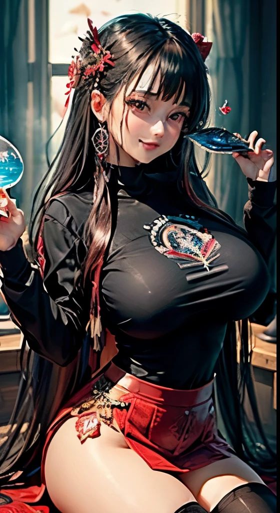 (masterpiece:1.4)、(highest quality:1.4)、ultra high resolution、beautiful features、20 year old woman、black straight long hair、hair ornaments、long sleeve t-shirt、flare skirt、black tights、(huge breasts:1.2)、red face、smile、stand、aquarium、巨大な水槽の前にstand、Lots of Fish、dim