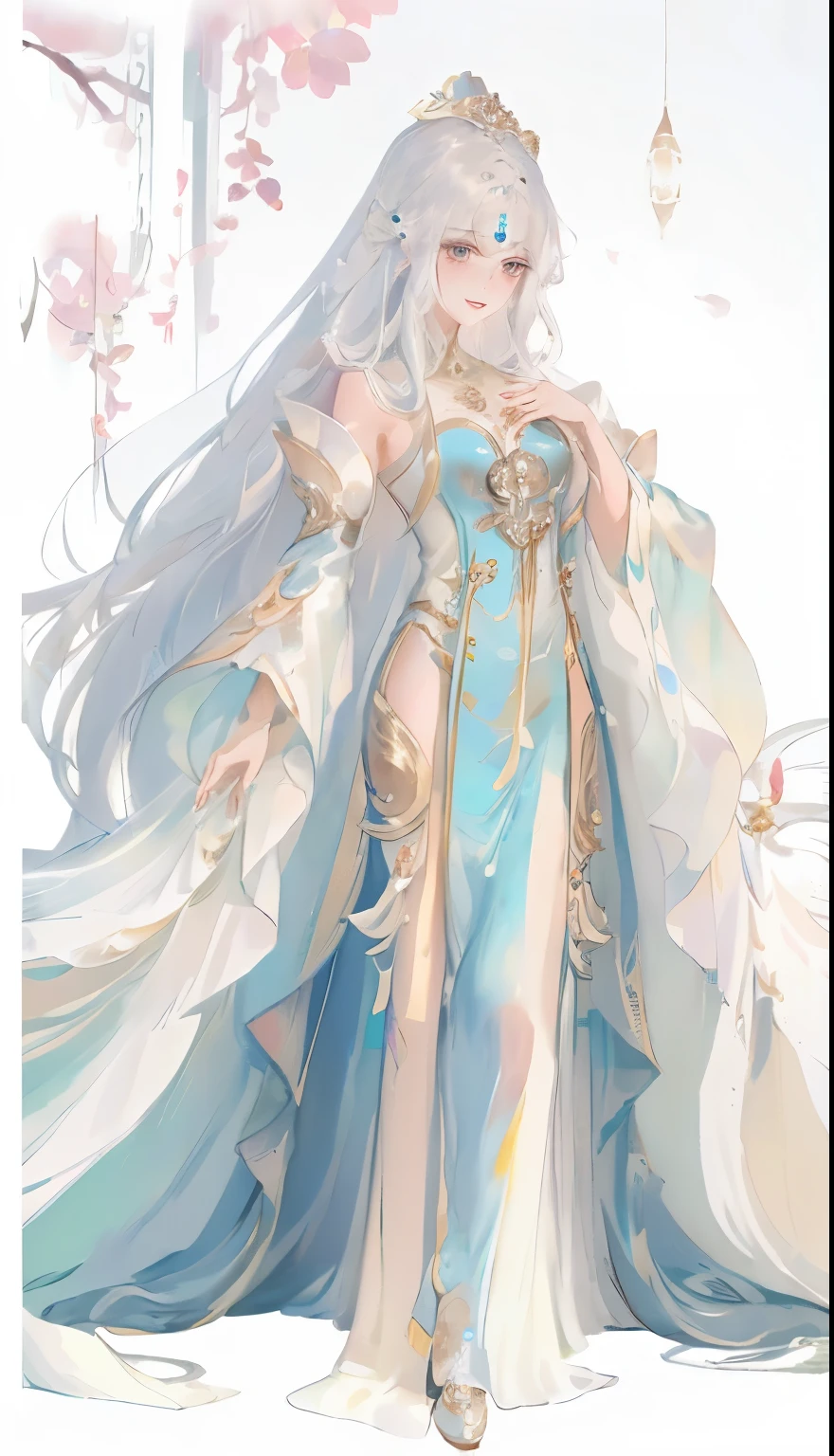 a close up of a woman in a dress with long hair, full body xianxia, Cute anime waifu wearing beautiful clothes, ((beautiful fantasy queen)), flowing magic robe, flowing hair and gown, beautiful fantasy queen, palace ， A girl wearing Hanfu, anime long hair girl, Wear long, flowing clothes, Dress up in dreamy formal attire