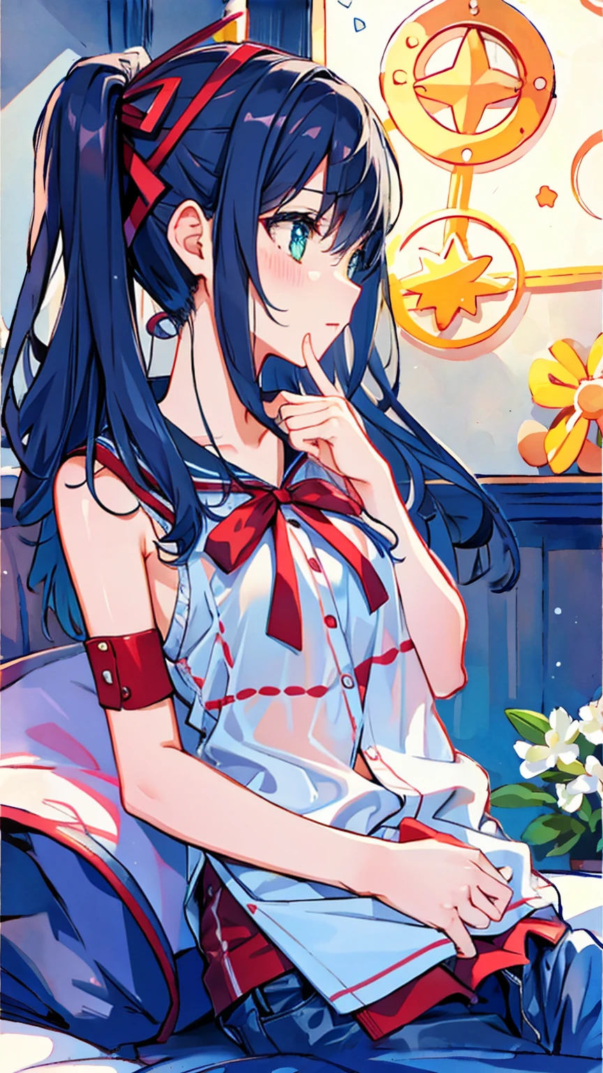 (((masterpiece))), (((Highest quality))), (((From the side))), (((Applying lipstick))), (((Have lipstick))), (((reflection))), (((Look in the mirror))), clavicle, necklace, Purple chiffon tunic, window, Bedroom, ((Blue tone)), (((blue sky))), alone, Light blue long hair、Twin-tailed Girl, ribbon, Sweat, Enthusiast, shy、Slim figure,