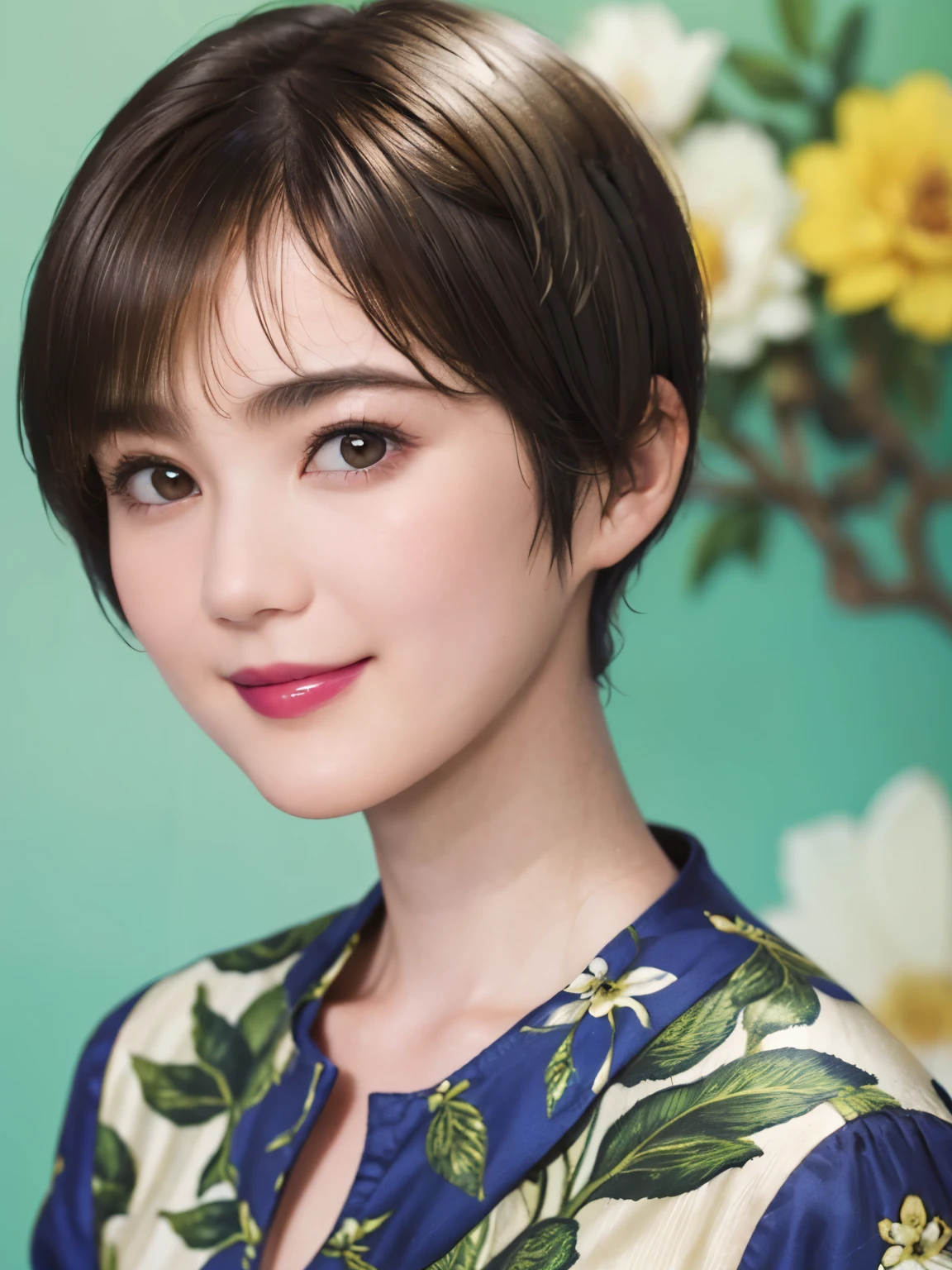 151
(20 year old woman,Floral clothing), (Super realistic), (high resolution), ((beautiful hairstyle 46)), ((short hair:1.46)), (gentle smile), (brest:1.1), (lipstick)
