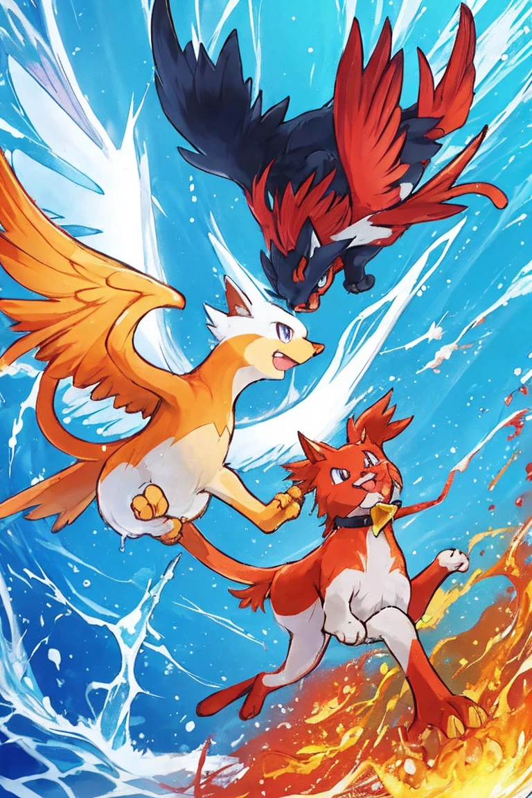Create a cat with fire powers in the Pokémon Anime. E crie um cachorro com poderes de gelo. high resolution quality. Create a bird with water power.