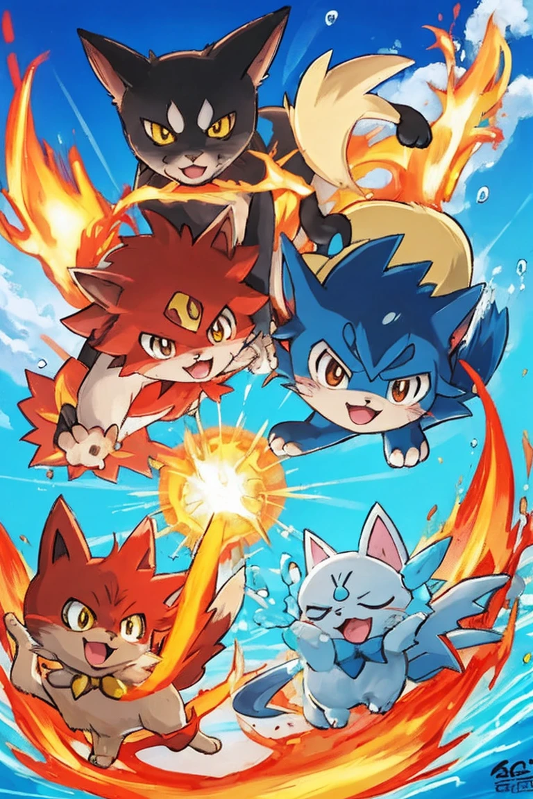 Create a cat with fire powers in the Pokémon Anime. E crie um cachorro com poderes de gelo. high resolution quality. Create a bird with water power. 