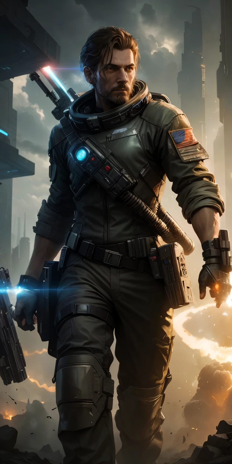 Dystopian space world Man male survivor, wonders the distroyed mega city with heave hand laser pistol weapon, smoke, fog, solar light back lit, 36k resolution, sci-fi art style, oil art style masters, Da Vinci,