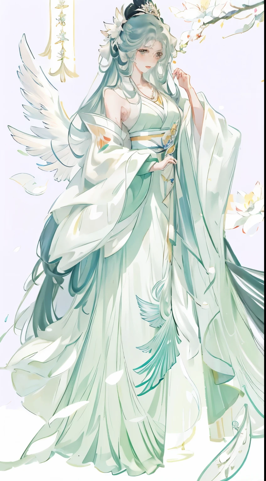 Wearing a green dress、anime girl with a fan in her hand, ((beautiful fantasy queen)), anime goddess, beautiful fantasy queen, flowing magic robe, Inspired by Luo Mu, ethereal wings, The majestic angel, Inspired by Ma Yuanyu, full body xianxia, Onmyoji Detailed Art, 《Genshin》Keqing in