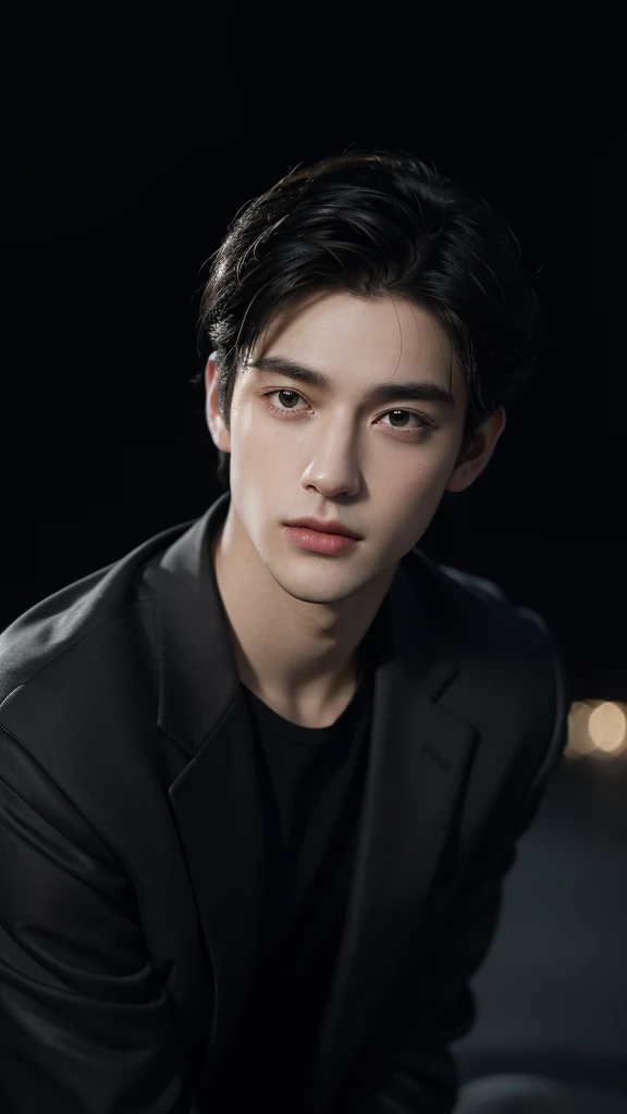 best quality, masterpiece, ultra high resolution, (realistic:1.4), RAW photos, young handsome man. black hair, (night city background:1.2). Short-haired man