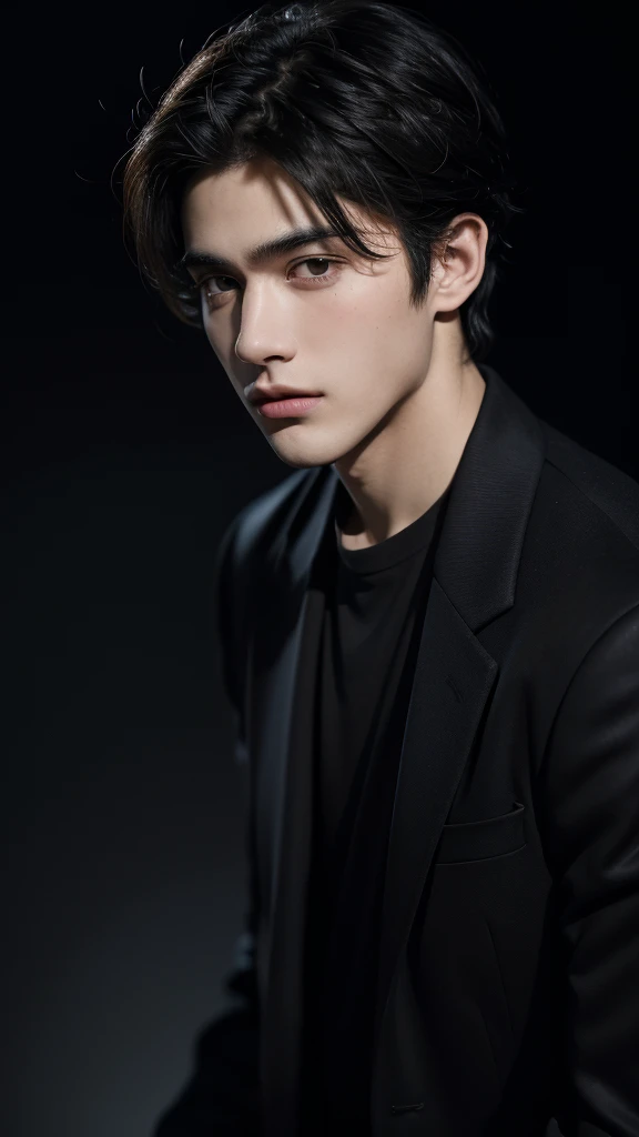 best quality, masterpiece, ultra high resolution, (realistic:1.4), RAW photos, young handsome man. black hair, (night city background:1.2). Short-haired man