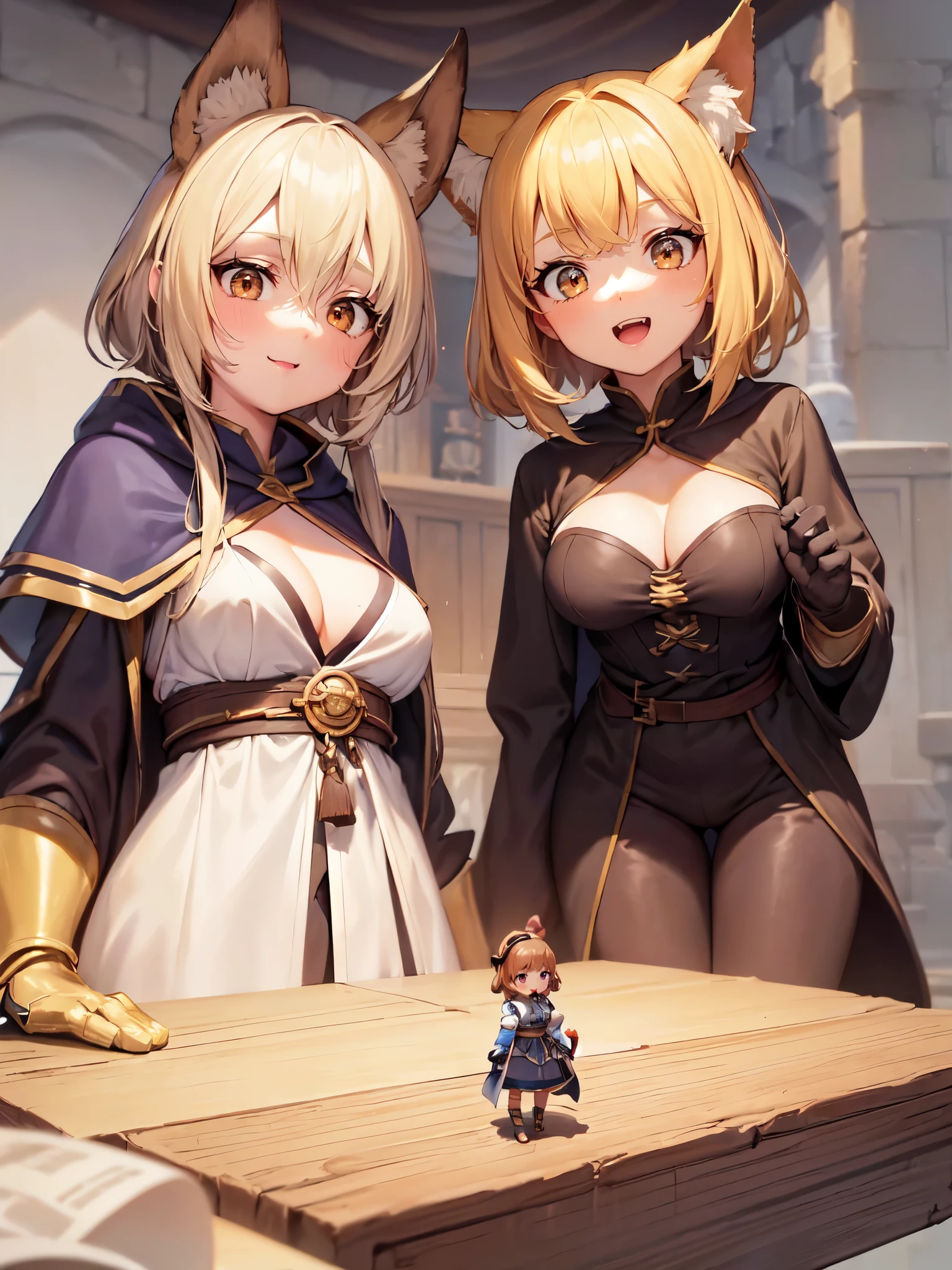 giantess, (adventurers guild in isekai: 1.2), stone, wood, (2girls:1.6), :3, :o, open mouth, (wizard robes: 1.4), adventurer clothes, skinny, (blonde skin: 1.2), (Foreshortening: 1.2), (behind a table: 1.2), (medium sized breasts), cleavage, (table:1.4), (minigirl on a table: 1.5), ( rear end: 1.3), (minigirl:1.5), armor, (anime drawing:1.1), (simple bold lines: 1.1), (anime:1.1), (very cute anime girl), (bright), (low contrast), (prettiest teenage girl), (mature face: 1.1), (anime drawing:1.1), (simple bold lines: 1.1), (anime:1.1), (very cute anime girl), (bright), (low contrast), (prettiest teenage girl), (mature face: 1.1), (tall girl: 1.5),