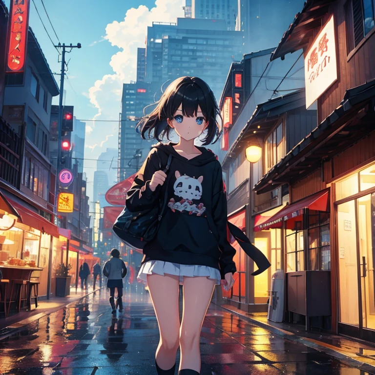 anime、original character、rain cloud、As empty as it is、City of Rains、Neon City、rendezvous、ignore fate、walk、Even if I look for your figure, I can't find it、A city with no one