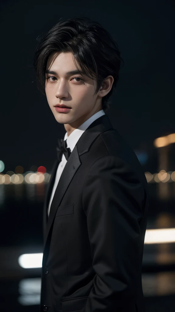 best quality, masterpiece, ultra high resolution, (realistic:1.4), RAW photos, young handsome man. black hair, (night city background:1.2). Short-haired man, there are people around. summer,