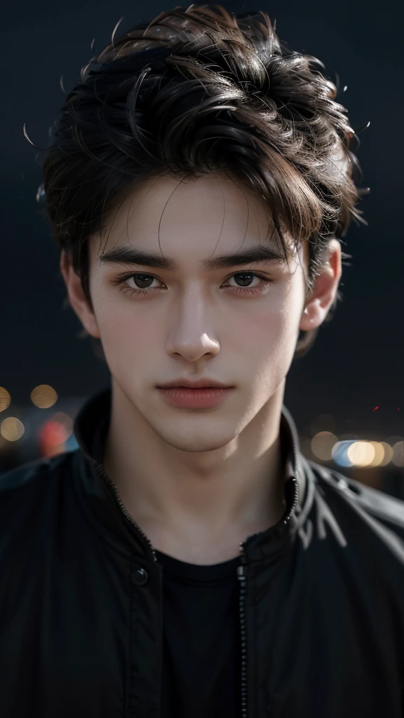 best quality, masterpiece, ultra high resolution, (realistic:1.4), RAW photos, young handsome man. black hair, (night city background:1.2). Short-haired man, there are people around. summer, 