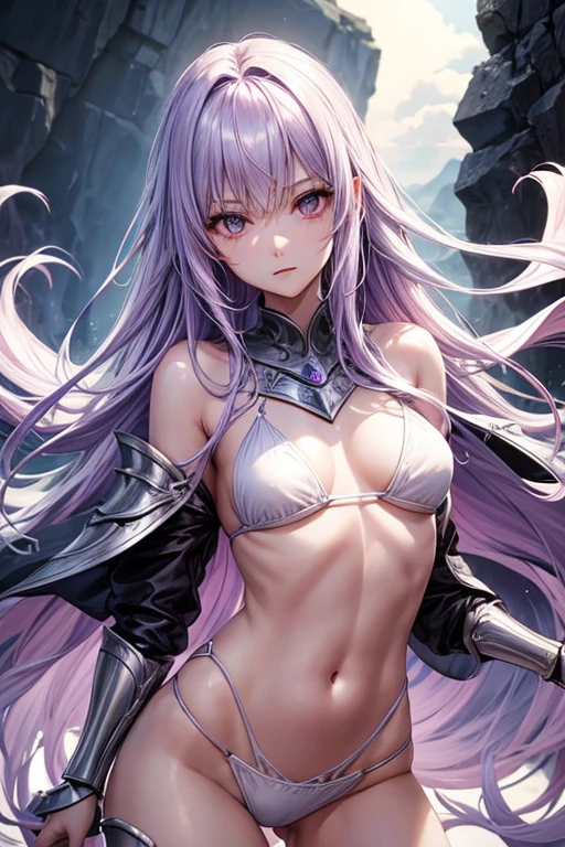 Slender woman with long light purple hair chest is small White bikini armor with separate top and bottom whole body expression The background is dark and fantastic Woman warrior