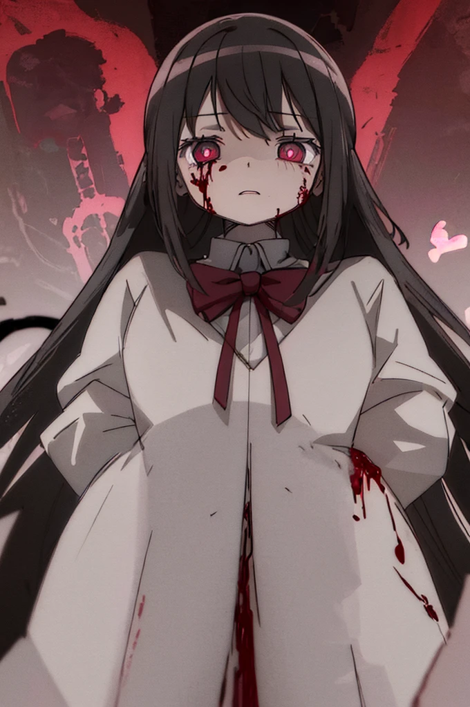 perfect face, very high quality, ((best quality)), ((masterpiece)), (detailed), ((face close-up)), ((creepy)), ((blood)), ((crazy)), ((horror vibe)) bloody face, dramatic scene, very high impression, yandere, horror style ((add contrast light)), ((hearts in pupils)), ((creepy vibe))