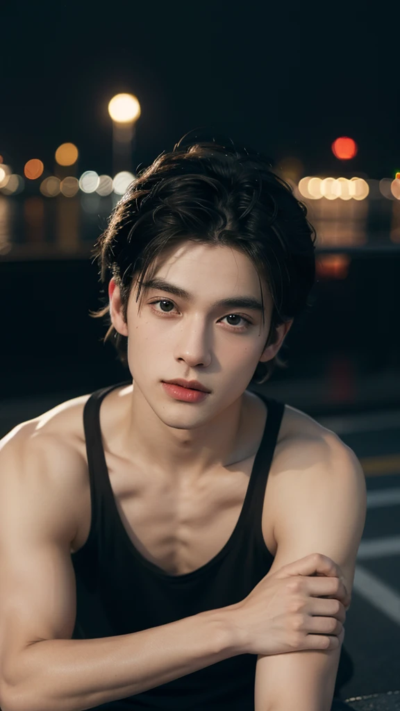 best quality, masterpiece, ultra high resolution, (realistic:1.4), RAW photos, young handsome man. black hair, (night city background:1.2). Short-haired man, there are people around. summer,