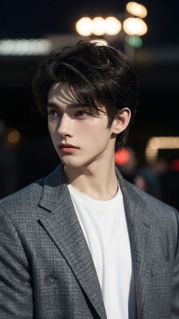 best quality, masterpiece, ultra high resolution, (realistic:1.4), RAW photos, young handsome man. black hair, (night city background:1.2). Short-haired man, there are people around. summer, 