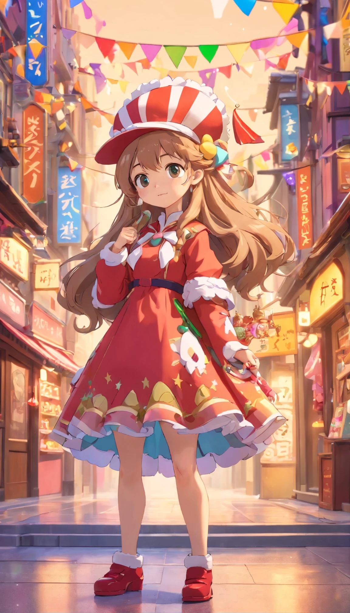 (full body pose:1.5), (colorful:1.2), (Highly detailed CG Unity 16k wallpaper:1.1), (Noise removal strength: 1.45), (master piece:1.37),  Little style doll, She must have long curly hair with Christmas tones. Your eyes should be big and bright, 3D toys, cyberpunk style, Little, simple background, 3Dmodel, toy, Bright colors, street style, High resolution, lots of details, candy colors, Big shoes, fashion trend, 3D rendering, IP, C4D, blender, pixar, god&#39;s rays, shine, shine光, highest quality, UHD, Awards