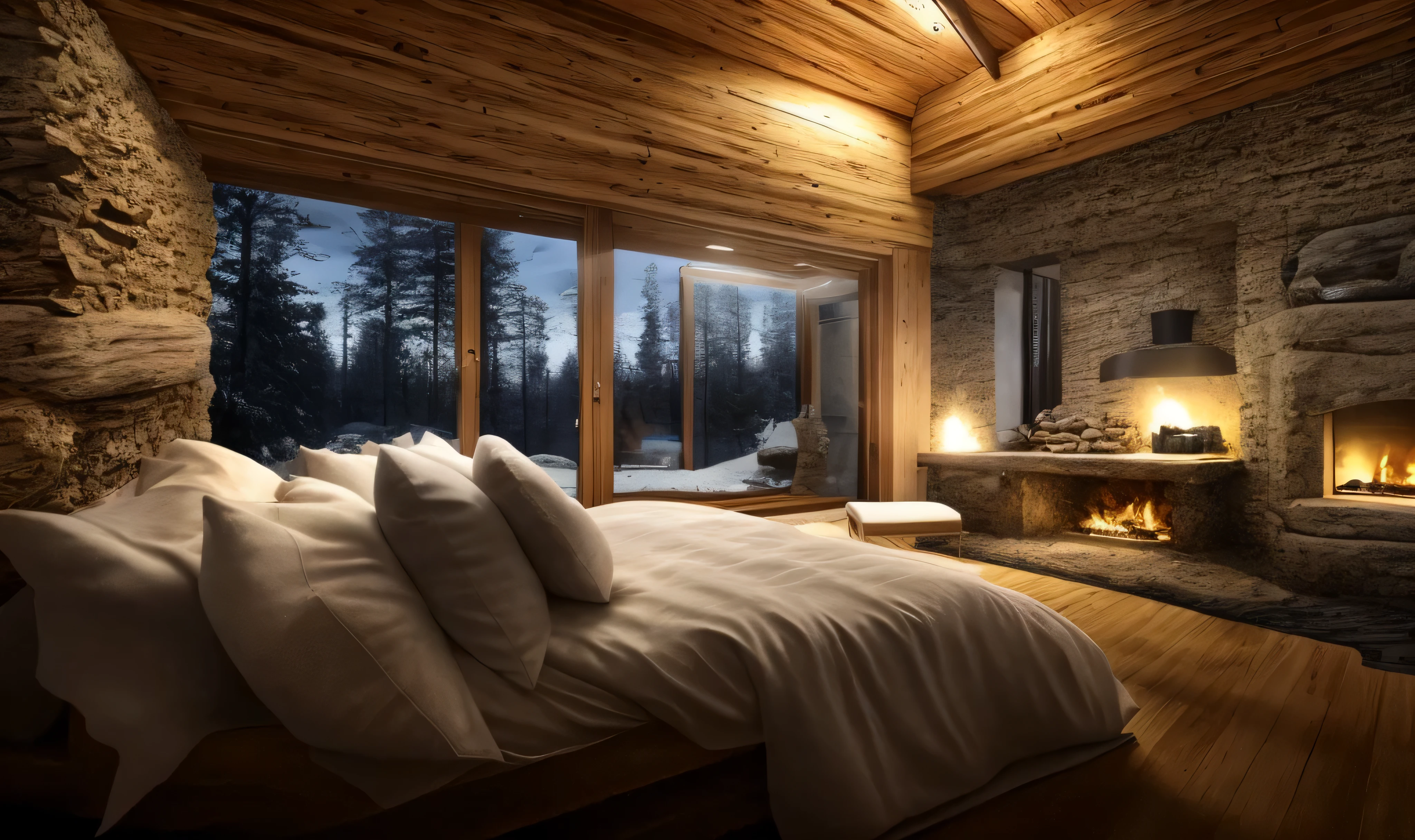 Arafeld bedroom with fireplace and large bed with pillows, the night,large windows to forest at night, Snow in the forest,cozy and peaceful atmosphere, cozy environment, Comfortable charming scene, cozy and calm, Lodge, luxurious environment, cozy environment, very cozy, luxurious wooden cottage, cozy room, Cosy, winter setting
