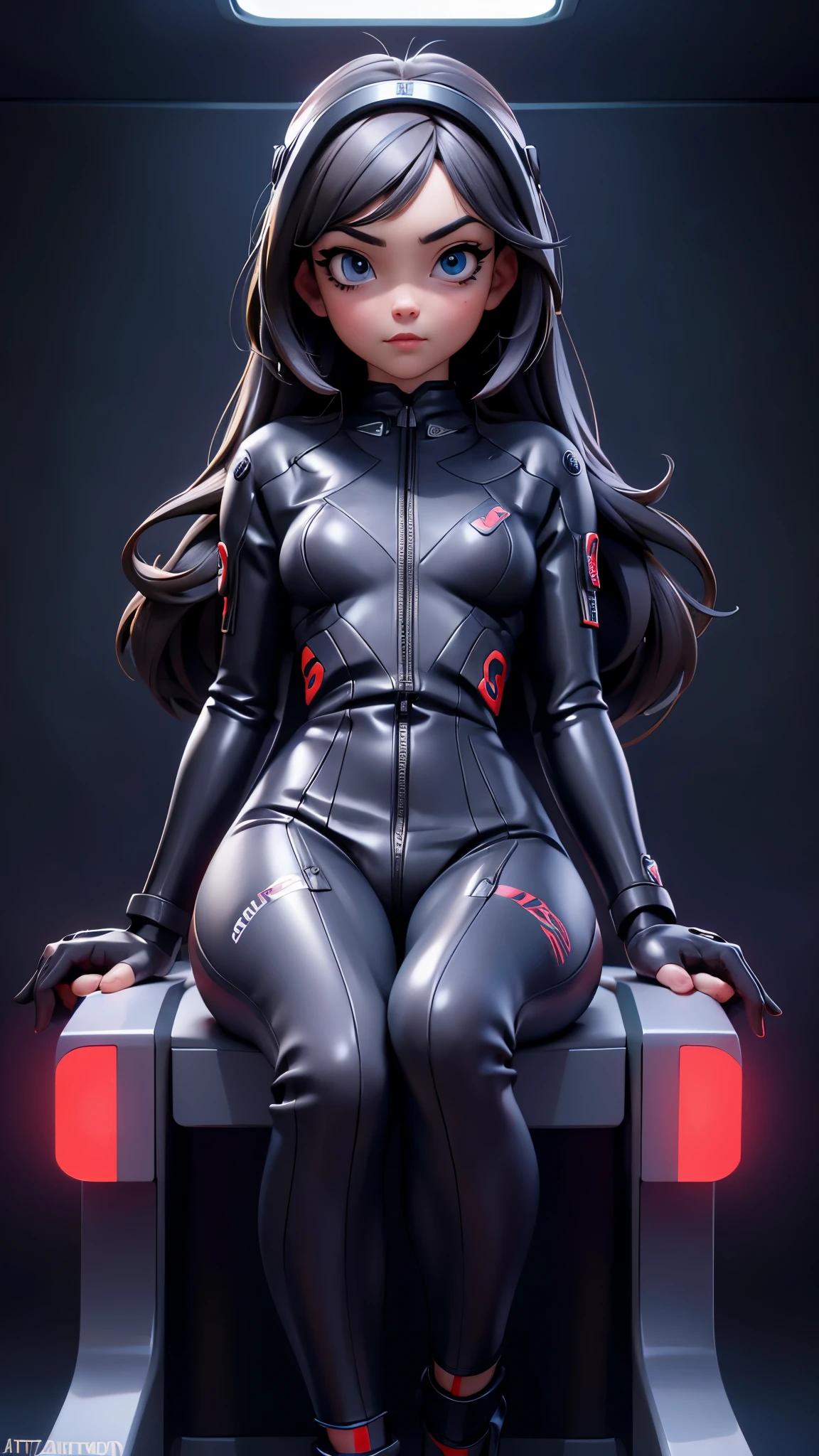 best quality, masterpiece, symmetric highly detailed eyes, girl, highly detailed background,  trending on (artstation:1.46), hyperrealistic, cinematic lighting, studio quality, 8k resolution, masterpiece, in the style of Pixar, wearing futuristic latex jumpsuit, sitting in spaceship captain chair