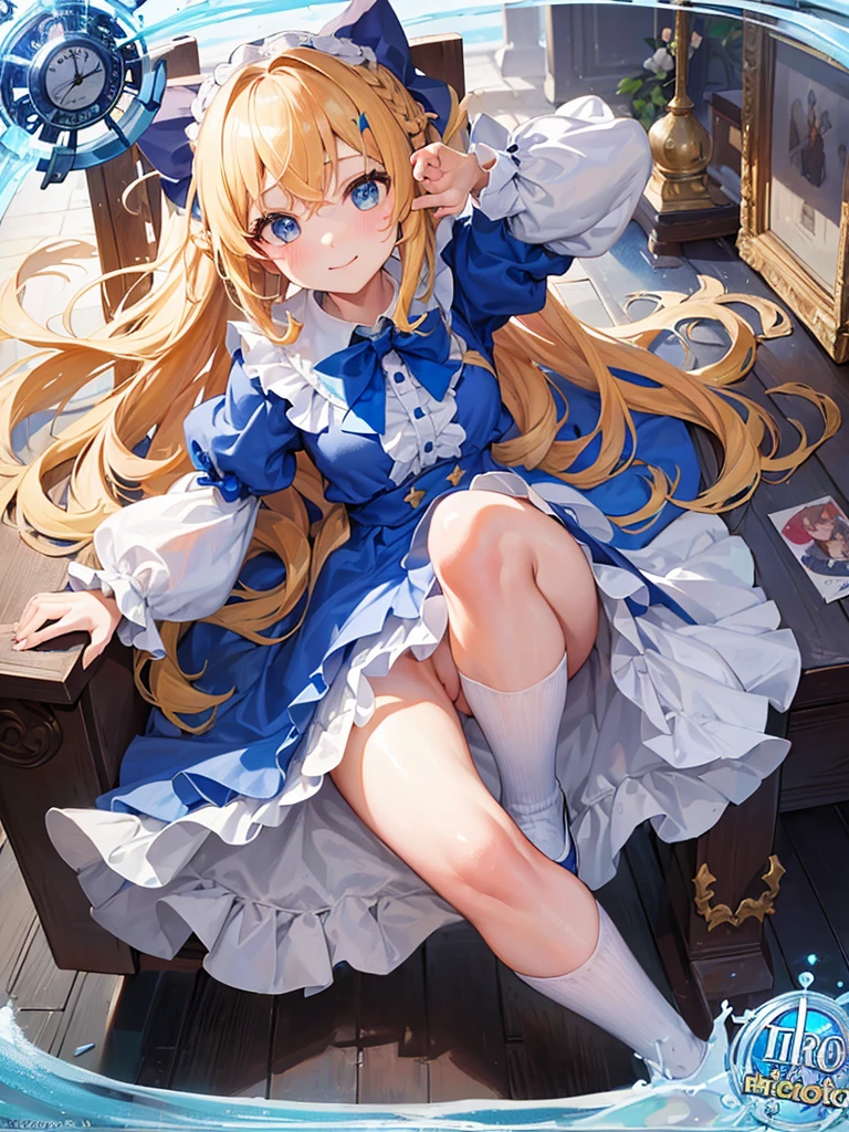 photo realistic, (masterpiece,best quality:1.4),(8k,raw photo,photo realistic:1.2), detailed skin, detailed face,1girl,Japanese idol,cute face, , Not Safe for Work, (raw photo, photo realistic: 1.2), 1 girl in, (No Panties), (legs up), show off pussy, pleated skirt, length hair, blue eyes, blonde hair, light smile, ((shiny wavy hair)), diadems, jumping, A pose where can you be seen from below, doress, the bow, (clock, wonderland), gothic dresses, shairband, movement, looking at the viewers, shortsleeves, the bow hair, blue shairband, a smile, red blush, hand on own face , Blue Doress, Alice (Alice in Wonderland), Hair Between Eyes, White frilled legwear, ((Blue the Bow)), A Throne, Puffy Sleeves, Put Your Hand on Your Cheek, Bangss, Apron Dress, shortsleeves, ((Blue bow ribbon)), long hair, (mini crown), foot out of frame, frilld, white gothic dresses,: q, masterpiece, top-quality, (worn skirt, twat, camel's toe)), not safe for work, 14 yo, braided bangs, beautiful legs,