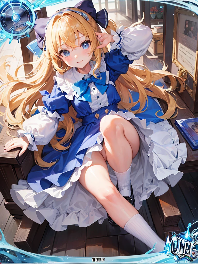 photo realistic, (masterpiece,best quality:1.4),(8k,raw photo,photo realistic:1.2), detailed skin, detailed face,1girl,Japanese idol,cute face, , Not Safe for Work, (raw photo, photo realistic: 1.2), 1 girl in, (No Panties), (legs up), show off pussy, pleated skirt, length hair, blue eyes, blonde hair, light smile, ((shiny wavy hair)), diadems, jumping, A pose where can you be seen from below, doress, the bow, (clock, wonderland), gothic dresses, shairband, movement, looking at the viewers, shortsleeves, the bow hair, blue shairband, a smile, red blush, hand on own face , Blue Doress, Alice (Alice in Wonderland), Hair Between Eyes, White frilled legwear, ((Blue the Bow)), A Throne, Puffy Sleeves, Put Your Hand on Your Cheek, Bangss, Apron Dress, shortsleeves, ((Blue bow ribbon)), long hair, (mini crown), foot out of frame, frilld, white gothic dresses,: q, masterpiece, top-quality, (worn skirt, twat, camel's toe)), not safe for work, 14 yo, braided bangs, beautiful legs,