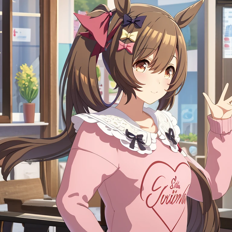 super detailed, High resolution, Very detailed CG, anime picture,(masterpiece, highest quality:1.4),1 girl, brown hair, horse ears, twin tails, (hair ribbon:1.4), hair ribbon, brown eyes, pink sweater, frilled collar, (write clothes), long sleeve, pleated skirt, white stockings, sitting, waving, blue skiy 