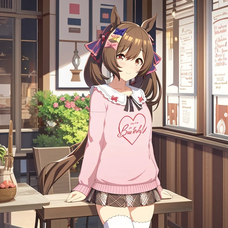 super detailed, High resolution, Very detailed CG, anime picture,(masterpiece, highest quality:1.4),1 girl, brown hair, horse ears, twin tails, (hair ribbon:1.4), hair ribbon, brown eyes, pink sweater, frilled collar, (write clothes), long sleeve, pleated skirt, white stockings, sitting, waving, blue skiy