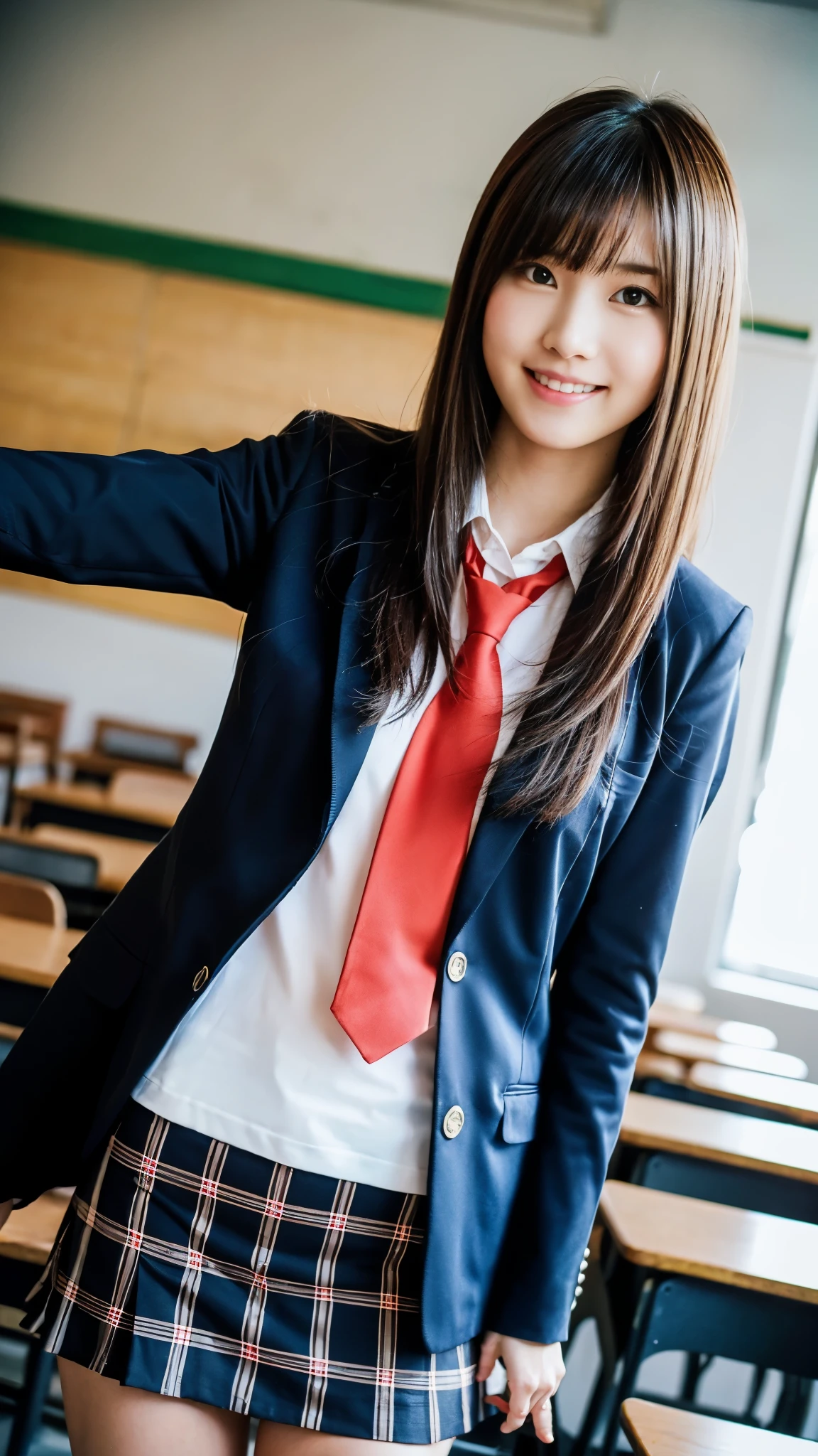 Stand in the classroom of school2girl girl,Red Tie Uniform,Dark Blue Closed Blazer,blue plaid miniskirt,18-year-old,bangs,a little smile,thighs,knees,from below,random pose,pretty girl,slender girl,