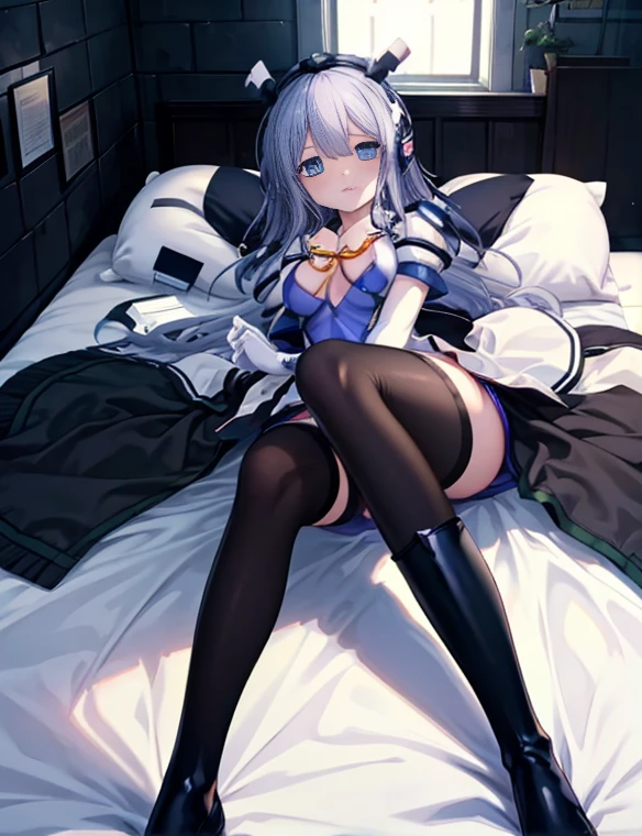 highest quality,sleep on your back in bed,Crab crotch,show me your boots,thigh high boots,Leotard sneak peek,glove,elegant, 1 girl, body suit,cute, blushed, looking at the viewer, from below, prison,blue eyes, beautiful eyes, beautiful background, particles of light, Light of the sun, dramatic lighting, outside, shiny, realistic, table top, highest quality, Super detailed, get used to it, scenery, beautiful and detailed eyes, thin hair,full body shot,