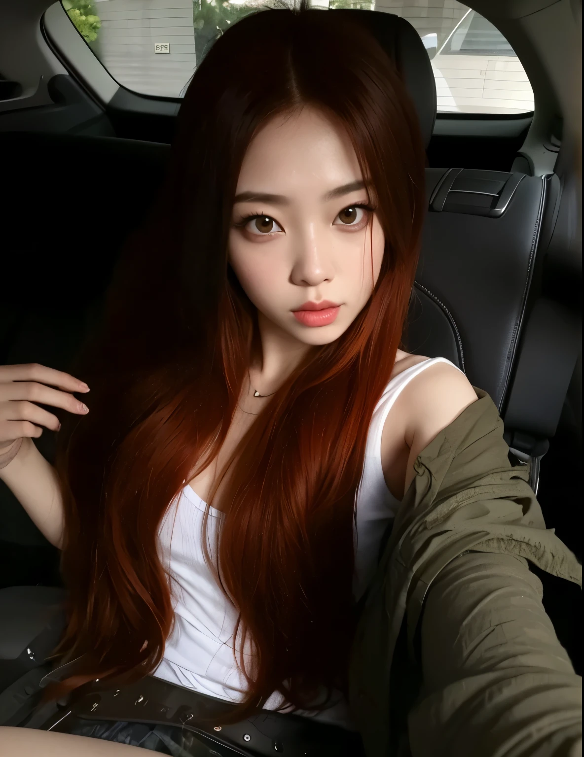 There's a woman with long red hair sitting in a car, Asian with long hair, linda jovem coreana, Ulzzang, coreana, linda jovem coreana, linda mulher sul-coreana, com cabelos longos e olhos penetrantes, ela tem cabelo longo redoranjado, ela tem longos cabelos castanhos alaranjados, beautiful asian girl, young lovely korean face