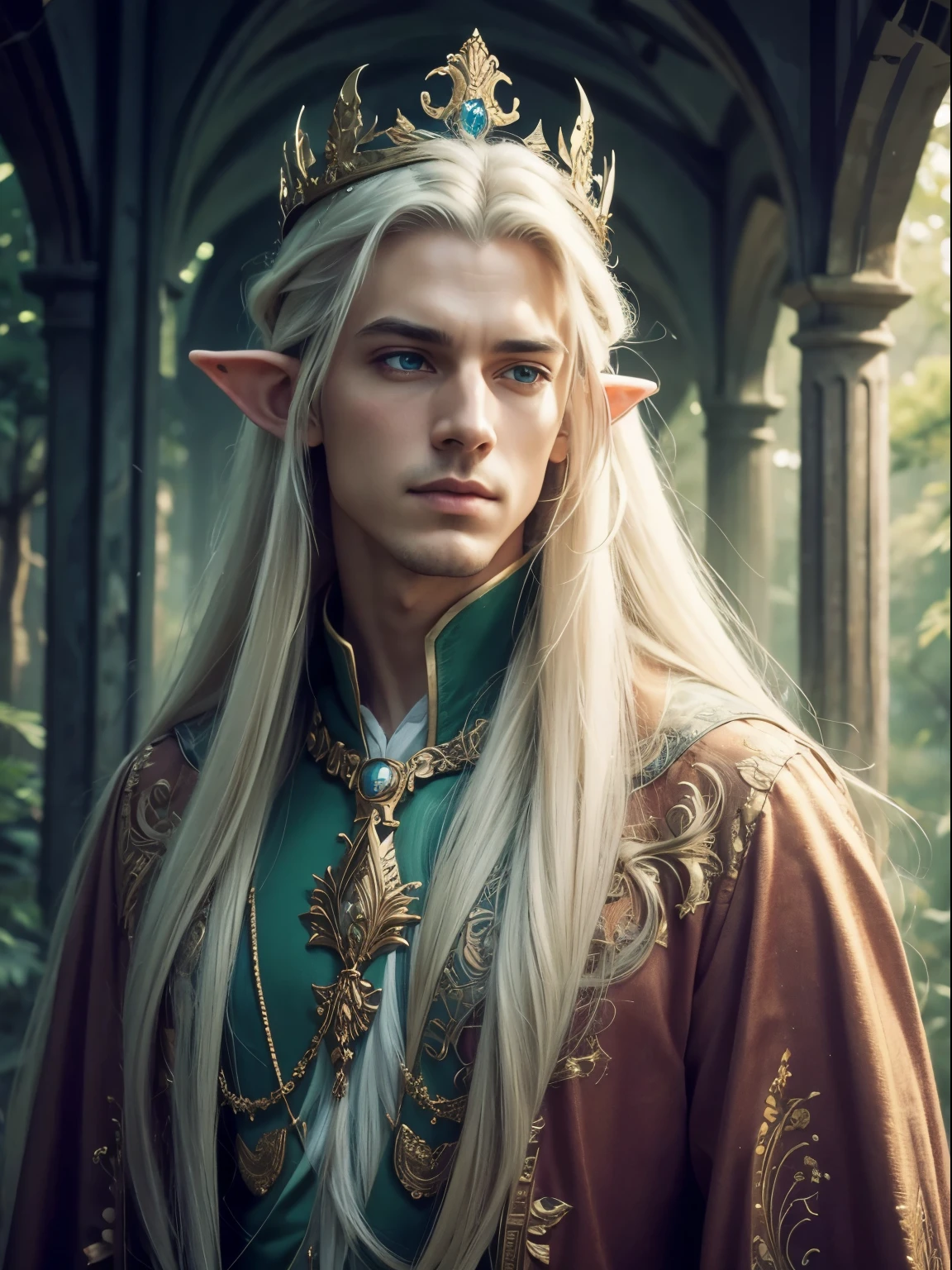 (best quality,highres,ultra-detailed:1.2), realistic elf male king with long white hair, majestic and proud, vibrant color palette, soft and warm studio lighting, intricate details on the hair and facial features, ethereal and mystical atmosphere, fantasy portrait, painterly style, visible brushstrokes, elaborate crown and regal attire, intense gaze, surrounded by a lush forest with enchanting light rays, magical creatures hidden in the background, serene and tranquil mood