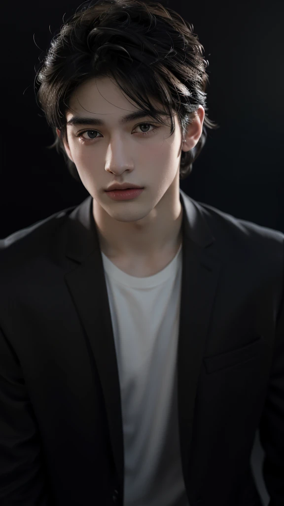 best quality, masterpiece, ultra high resolution, (realistic:1.4), RAW photos, young handsome man. black hair, (night city background:1.2). Short-haired man, there are people around. summer, 