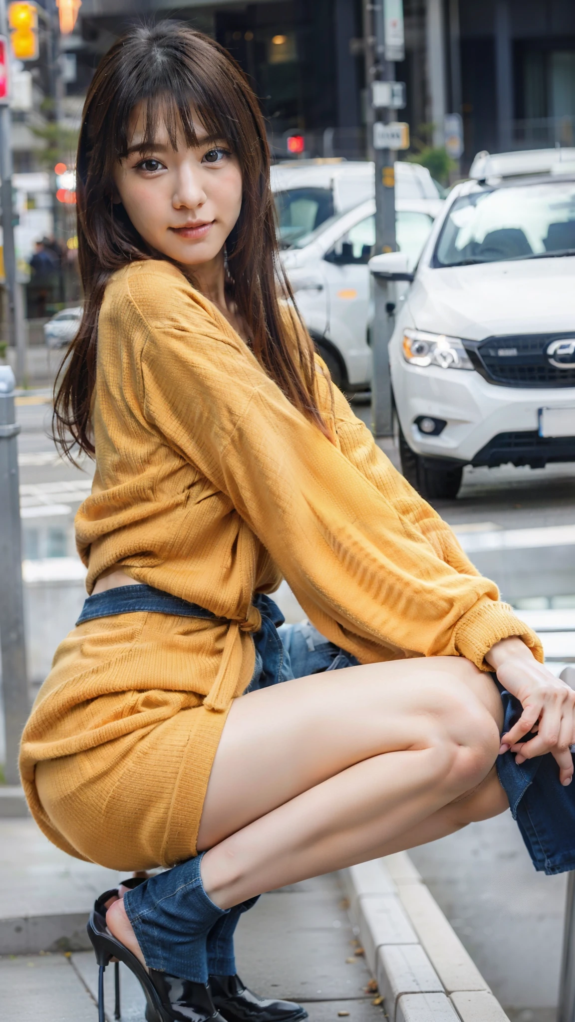 Photo taken by a professional photographer，Close-up of a woman squatting on the sidewalk with her legs crossed, kiko mizuhara, wearing a sweater, Shirahime cut brown hair, wearing a sweater, young and cute girl, japanese model, 白いwearing a sweater, Chiho, ランダムカラーのカジュアルなwearing a sweater, denim shorts，Side waves with short hair, a cute young woman, cute young woman, Panty stocking，