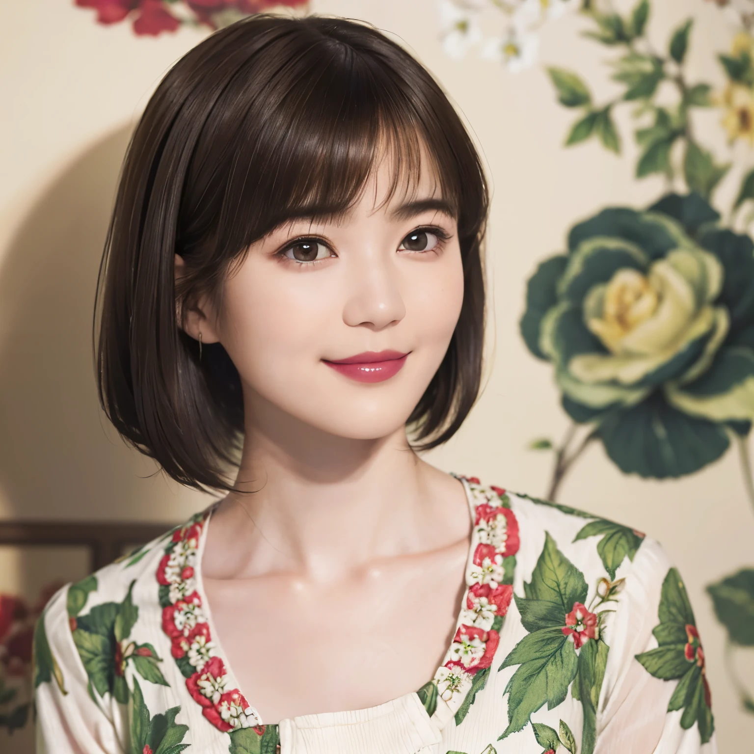 151
(20 year old woman,Floral clothing), (Super realistic), (high resolution), ((beautiful hairstyle 46)), ((short hair:1.46)), (gentle smile), (brest:1.1), (lipstick)
