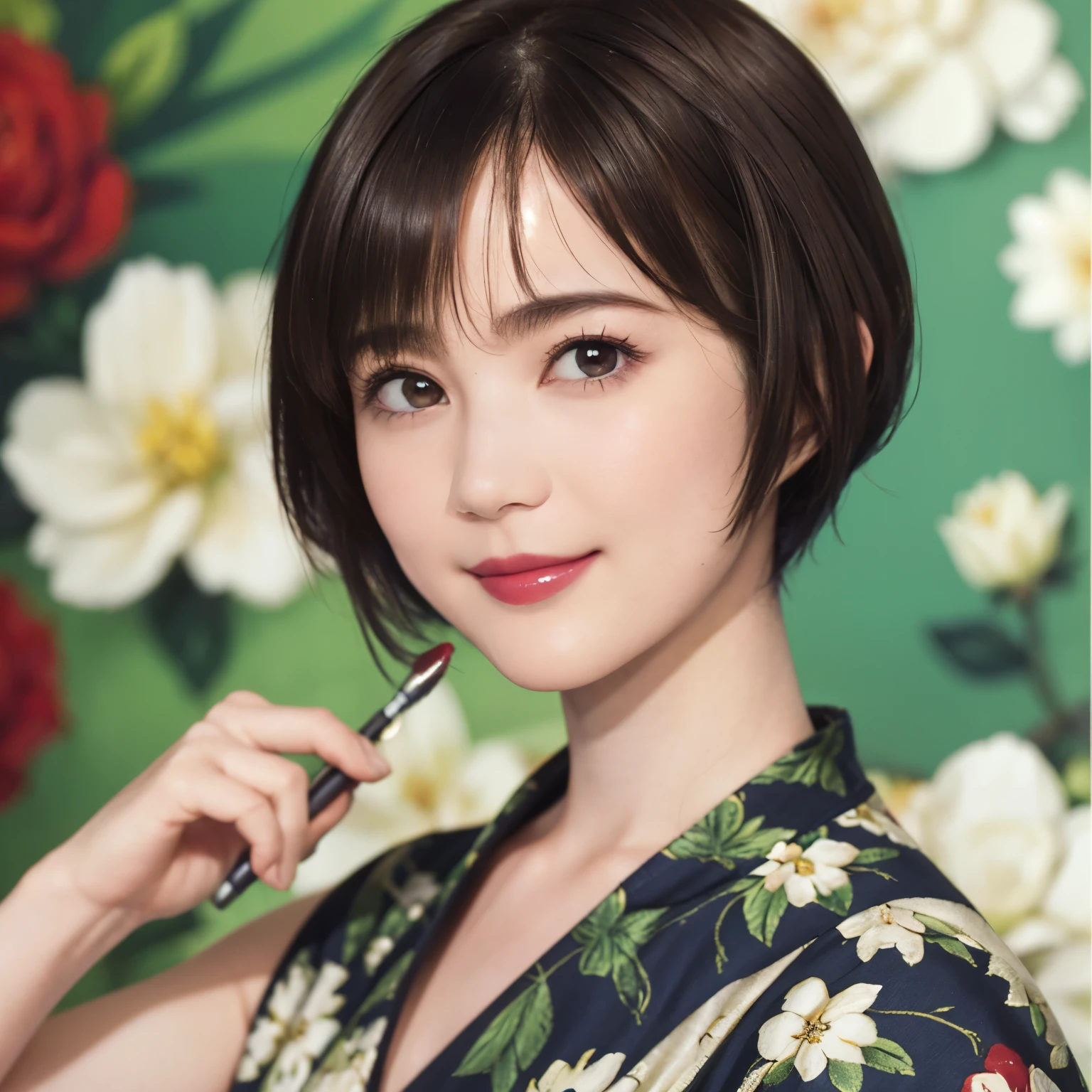 151
(20 year old woman,Floral clothing), (Super realistic), (high resolution), ((beautiful hairstyle 46)), ((short hair:1.46)), (gentle smile), (brest:1.1), (lipstick)