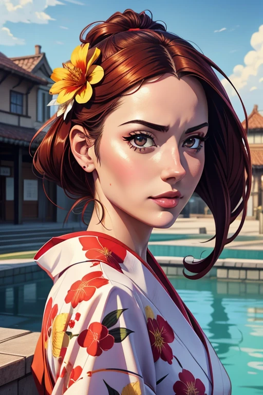 Woman in a kimono with flowers on her head, Bela arte digitalwork, beautiful digital illustration, linda pintura digital, Linda pintura digital, obras de arte no estilo de guweiz, photorealistic rendering of anime girl, arte cg de anime suave, Bela arte digital, Grande arte digital com detalhes, stunning digital illustration, arte digital detalhada de anime, April rendering, lindo retrato de anime