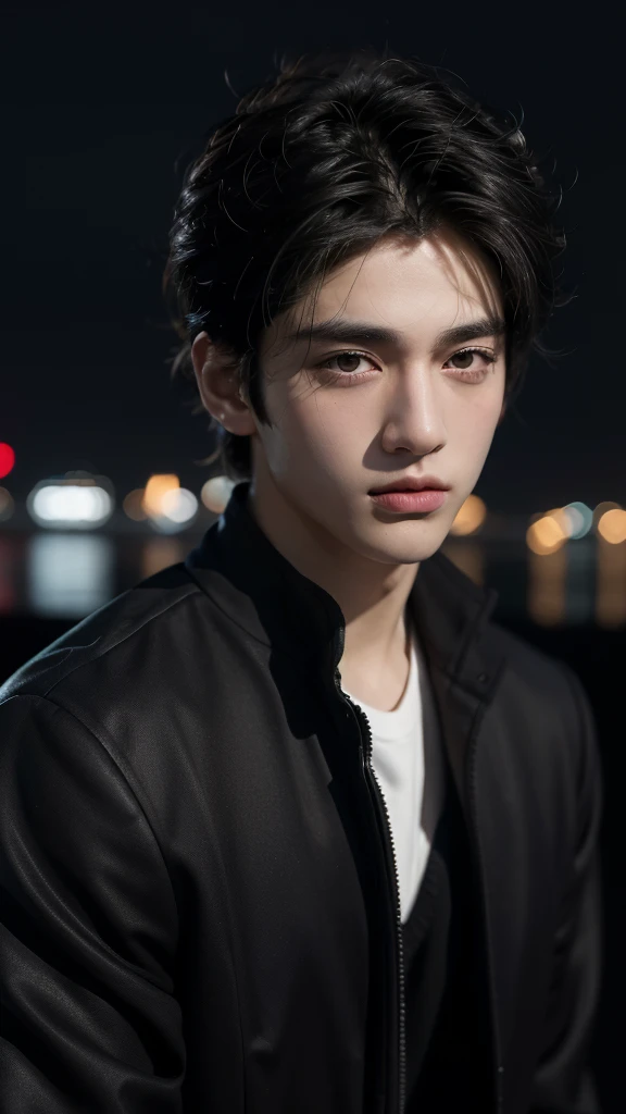 best quality, masterpiece, ultra high resolution, (realistic:1.4), RAW photos, young handsome man. black hair, (night city background:1.2). Short-haired man, there are people around. summer, Korean male idols.
