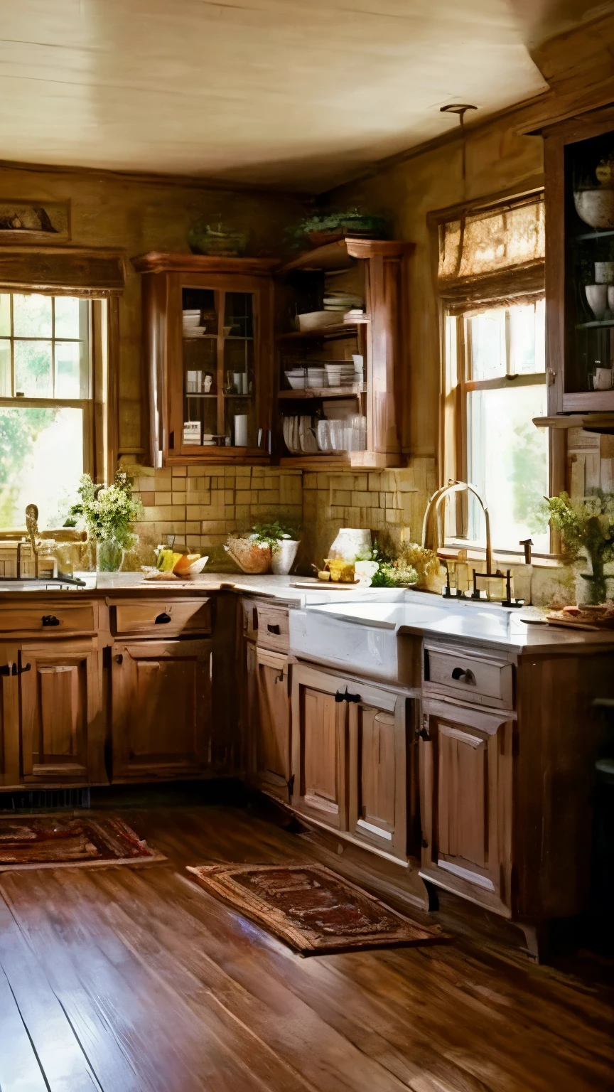In an indoor setting, capture the realism of the hush in the kitchen. Utilize a medium telephoto lens for a balanced perspective, focusing on the details within the scene. The lighting should simulate natural or soft indoor lighting, creating a sense of calmness. Aim for a realistic photographic style, emphasizing the authenticity of the scene and the peaceful ambiance conveyed through the hush of the kitchen.