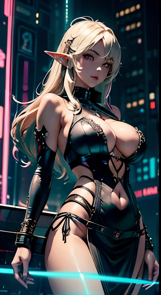 portrait of an Erotic busty Elf with a beautiful fit body in a revealing top and miniskirt outfit, the most beautiful Elf in the world, feminine facial features, underboob, sultry, flirty smile, smiling with lips parted, etherial skin, long hair with highlights, ultra deep v, seductive pose, filigree amillery sleeveless, futuristic, steampunk style, utopian, action pose, sexy pose, body parts, highly detailed, electronic filigree, luminism, cinematic, hauntingly surreal, gothic, highly detailed and intricate, rich deep colors, sf, intricate artwork masterpiece, golden ratio, intricate, epic, insanely detailed zbrush render, 8k artistic photography, photorealistic concept art, soft natural volumetric cinematic perfect light, ((cyberpunk)), mechcore, elfpunk red and white bold colors