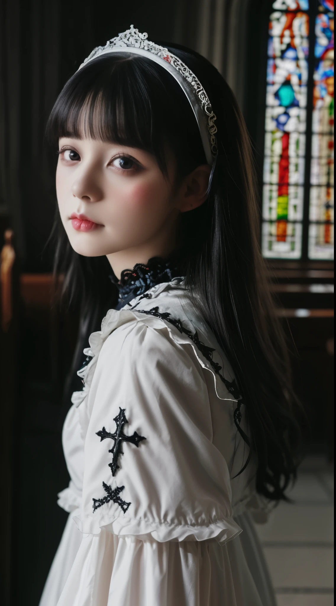(((hyper-realistic from Close-up portraits))), (((very super Masterpiece))), (((very super Realism Photo))), (((A dark room in a very very overdecorated Gothic church, Very beautiful stained glass windows))), very pretty and lovely Japanese woman, 14 years old, off-the-shoulder, (((very short bob with bangs))), (((black hair))), (((Large slit very very big eyes))), (((moist eyes reflecting the light))), (((Very ornate gothic lolita fashion with lots and lots of platinum embroidery))), long eyelashes, thin nose, small mouth, glossy beige lips, thin chin, clear healthy white glossy skin, slender body.