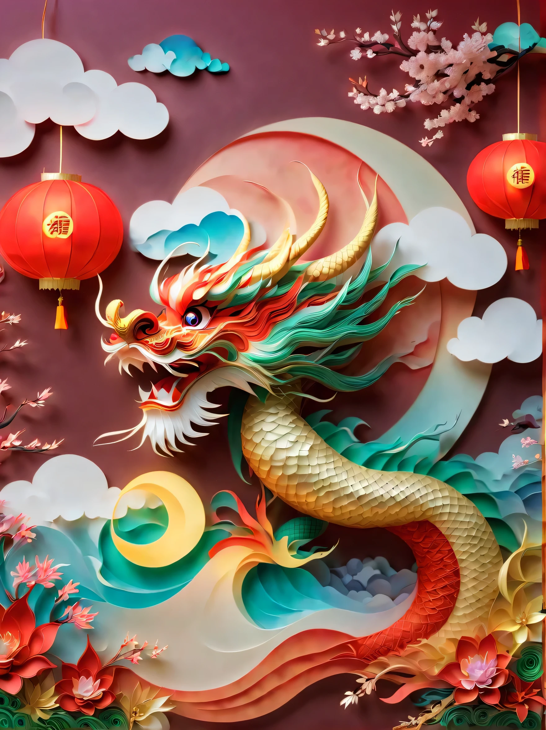 (sandbox:1.4), movie angle, (1个可爱的孩子挥舞着中国龙形状的lantern, Chinese New Year, festive, red background, cloud, flowers, fireworks, firecracker, lantern), (paper art, Quilted paper art, geometry), (extremely colorful, best quality, high detail, masterpiece, Cinema lighting, 4K, chiaroscuro)，((China red, Bright color, super high saturation, high saturation:1.7))