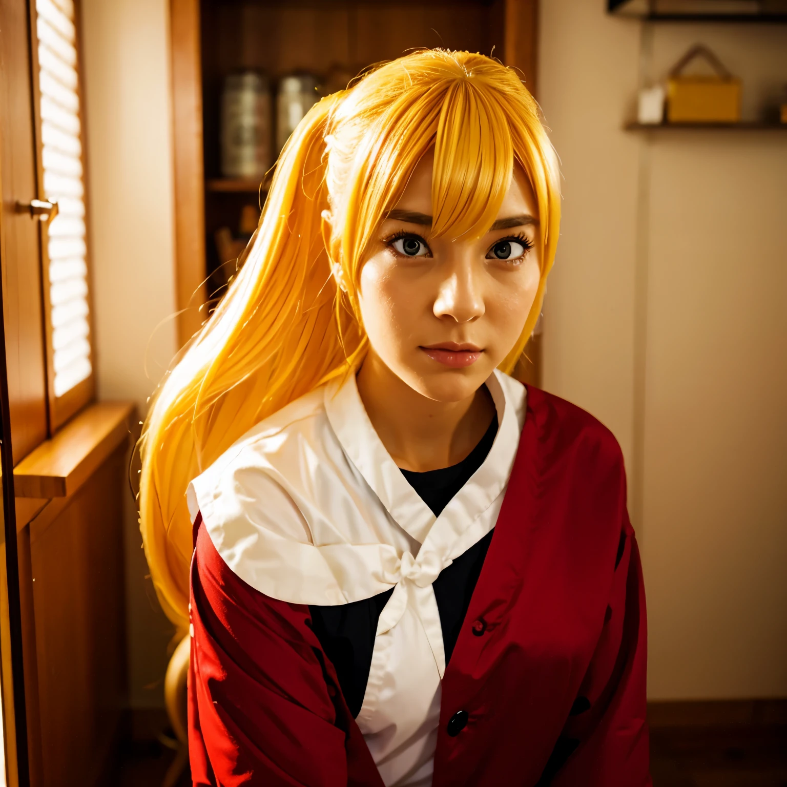 1 girl, cute, yellow hair, red eyes, maid uniform, beautiful, tsundere, shy