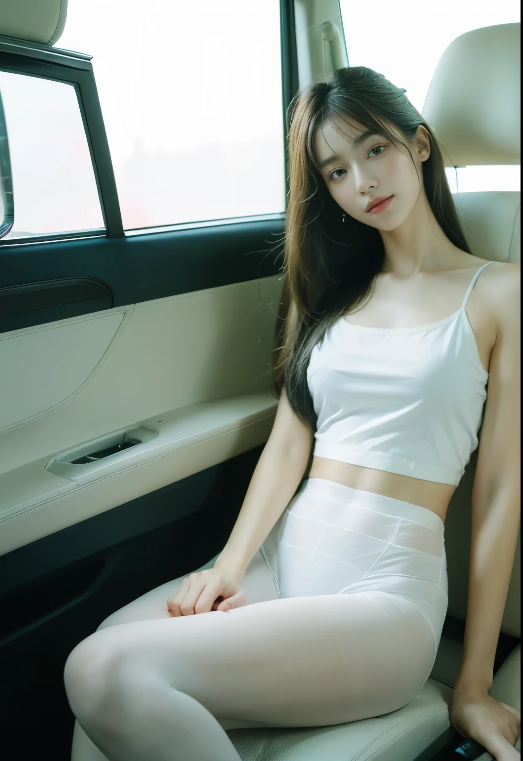 8K, Masterpiece, RAW photo, Best quality, Photorealistic, Extremely detailed CG unifies 8K, 8K, Diamond, and wallpaper, Depth of field, Cinematic light, Lens flare, Ray tracing, (Extremely beautiful face, Beautiful lips, Beautiful eyes), intricate detail face, ((ultra detailed skin)) 1girll, In the dark, deepshadow, Pretty Korean girl, Kpop idol, Photo of a sexy woman sitting in an airplane seat，Wearing a white flight attendant uniform，pleatedskirt，(Very slim and slender muscular body:1.3), （Flesh-colored pantyhose：1.3），White standard flight attendant uniform， ((huge tit:1.0)),Wide buttock，being thin，Redlip，黑The eye，（unholy：0.9），Cross ed leg，（textured fabrics：0.9），looking at viewert， (Pale skin), (Big eyes),（ssmile：0.8），flirting to the camera，（metallic fabric：0.5），extremly intricate，（realisticlying，primitive：1.5）， Sideslit， （bblurry：0.9）， detail in face， poor quality photo， hight contrast， inside airplane， Slender， bow-shaped， （birthmark：0.4）