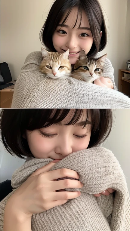 (( highest quality, 8K, masterpiece :1.3)), A face like Suzu Hirose、smiling、 girl、big breast bulge、bob hairstyle、Have a kitten、Holding a kitten、kitten is sleeping with eyes closed、Wearing knitwear that shows your body shape、