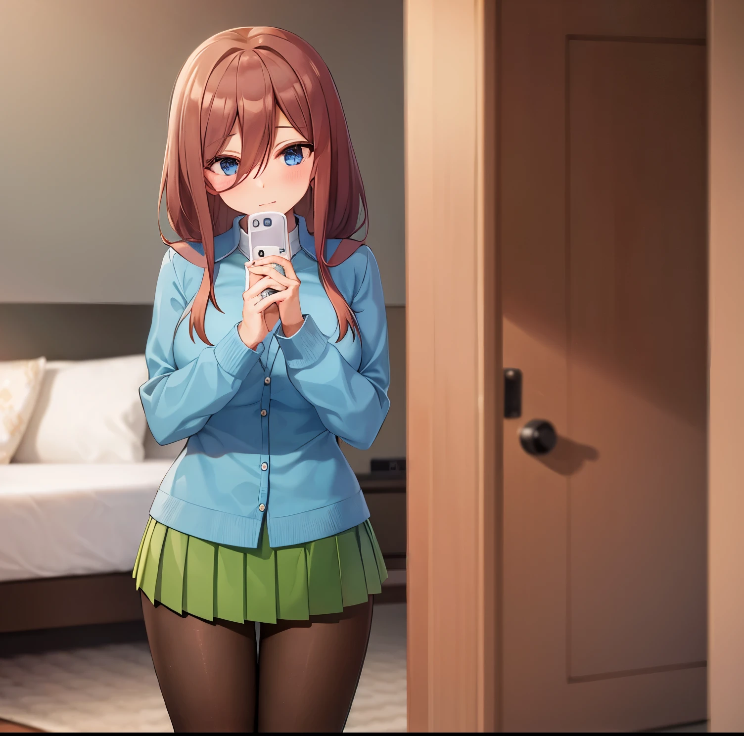 Masutepiece, Best quality, (highly detailed CG Unity 8k wallpaper) (Best quality), (Best illustration), (Best shadows), 1chifa, alone, Miku nakano, brown hair, blue eyes, beautiful eyes detailed, Looking at viewer,((Blue cardigan)),((Short green pleated skirt)),((black pantyhose)), in heat, lifting skirt with hands, embarrassed, seductive, large breasts, medium waist, hips wide, wide thighs, pov (from below), room, bedroom, standing,big breasts, medium waist, wide hips, wide thighs, perfect hands, perfect anatomy