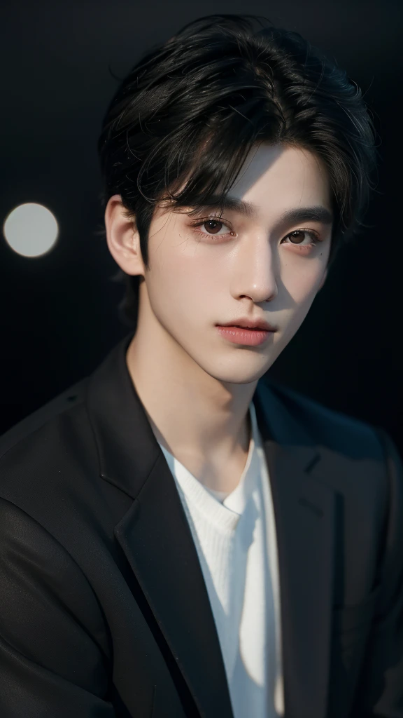 best quality, masterpiece, ultra high resolution, (realistic:1.4), RAW photos, young handsome man. black hair, (night city background:1.2). Short-haired man, there are people around. summer, Korean male idol style.