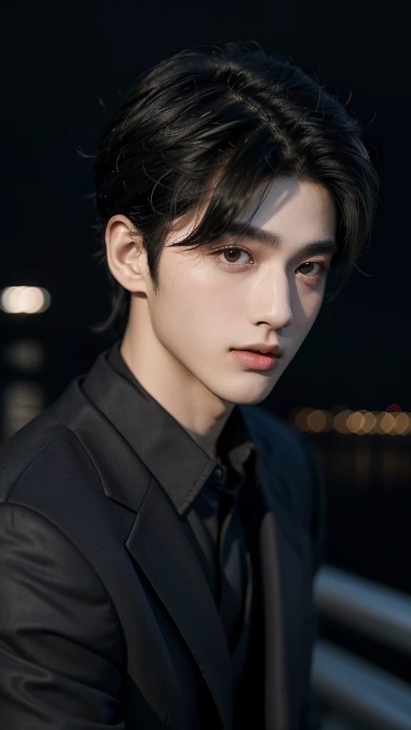 best quality, masterpiece, ultra high resolution, (realistic:1.4), RAW photos, young handsome man. black hair, (night city background:1.2). Short-haired man, there are people around. summer, Korean male idol style.