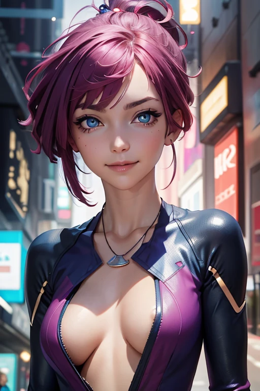 beatiful women, eyes blue, expressive eyes, looking at viewer, long sleeves, necklace, sexi smile, short pink hair, pretty face, latina facial features, medium breasts, digital illustration, comic style, cyberpunk